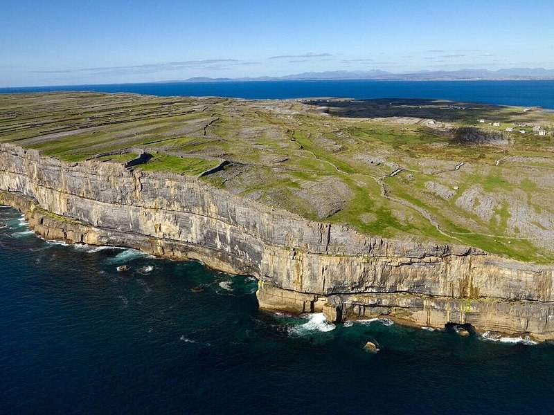 The cliffs of the Aran Islands from the air, the Atlantic beyond