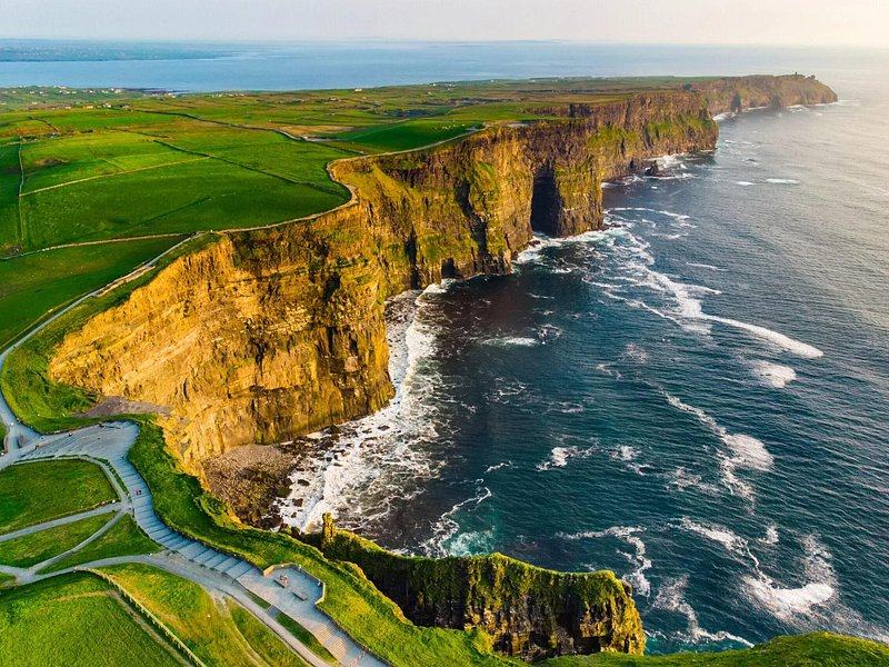 The Cliffs of Moher from above, the visitor path running along the top